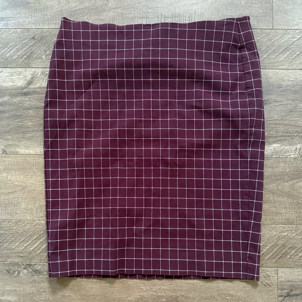 Elle Burgundy Windowpane Plaid Pencil Skirt | Classic Workwear Office | Large - Picture 1 of 3